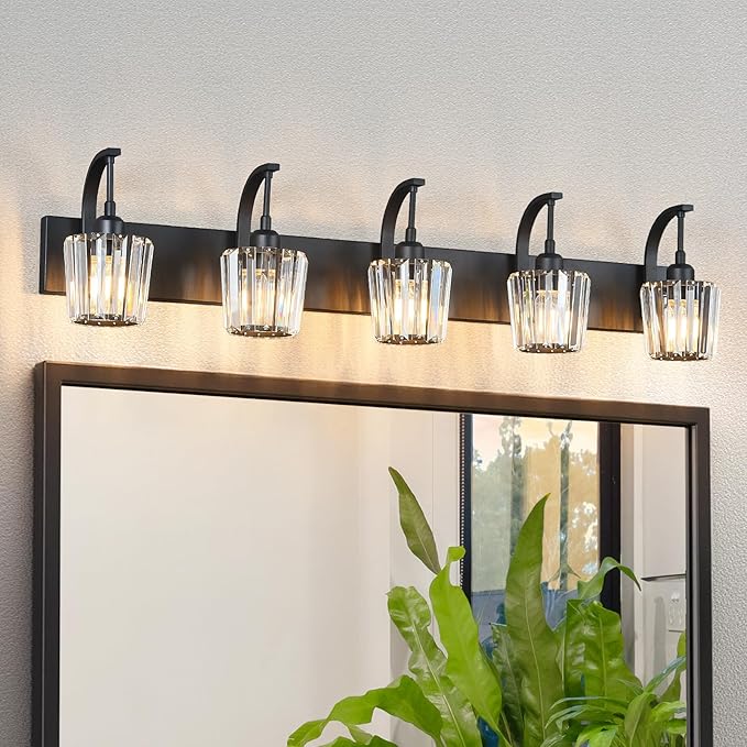 FDPBY Modern Bathroom Vanity Light, 5-Light Black Wall Sconce with Crystal Accents, Over Mirror Bathroom Lighting Fixture, 42.51" Long Dimmable Vanity Lamp for Makeup, Easy Installation