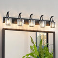FDPBY Modern Bathroom Vanity Light, 5-Light Black Wall Sconce with Crystal Accents, Over Mirror Bathroom Lighting Fixture, 42.51" Long Dimmable Vanity Lamp for Makeup, Easy Installation