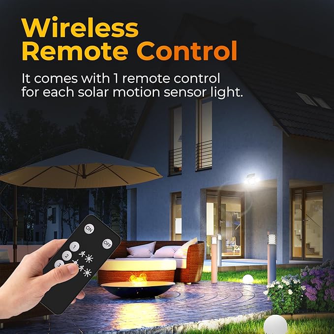 ESLIGHTION Solar Motion Sensor Outdoor Lights, 3 Modes LED Security Flood Light with Remote Control, IP65 Waterproof Solar Powered Outside Wall Light for Garden Patio Garage Yard (Black, 2 Pack)