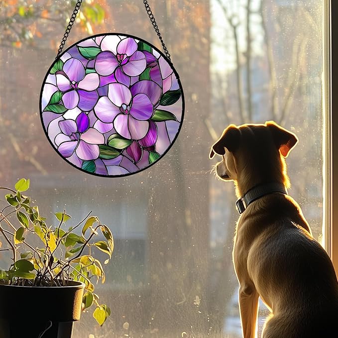 DASTOLL Stained Glass Window Hanging 4 Pcs Set Purple Flower Theme 7.8" - Tulip Suncatcher Door Garden Sun Catcher Decor Birthday Christmas for Plant Lovers Woman Nana Men