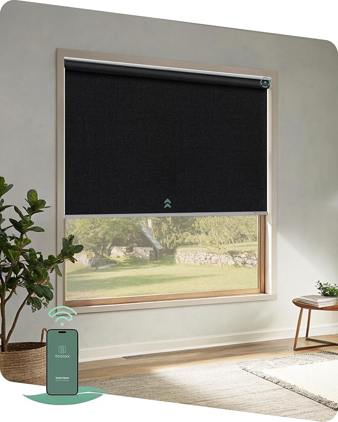 Yoolax Motorized Blinds App Control, Blackout Roller Shades for Windows, Cordless Automatic Shades Roller Window Blinds for Bedroom Living Room Office (Blackout Apex Black, 28" W x 72" H)