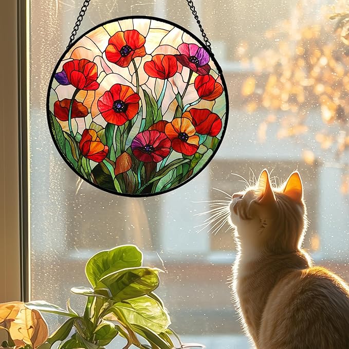 CRISGIF Stained Glass Window Hanging - Poppy Birth Flowers Suncatcher for Door Garden Yard Wildflowers Sun Catchers Decor Christmas Mother's Day Birthday Gifts for Women Mom Nana Friend 9.8 in