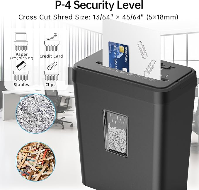 8-Sheet Cross Cut P-4 Security Paper Shredder, 4.2 Gal Bin with Portable Handle, Credit Card/Staple/Clip Shredder for Home Office