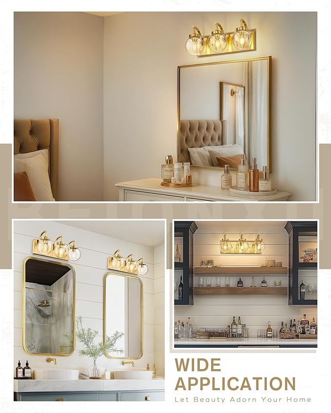 Beionxii Bathroom Vanity Light, 3-Light Brushed Gold Bathroom Light Fixtures, Modern Vanity Lights with Clear Glass Shade, Wall Sconces Lighting Over Mirror Living Room Hallway, BX-VL03BG-3CG