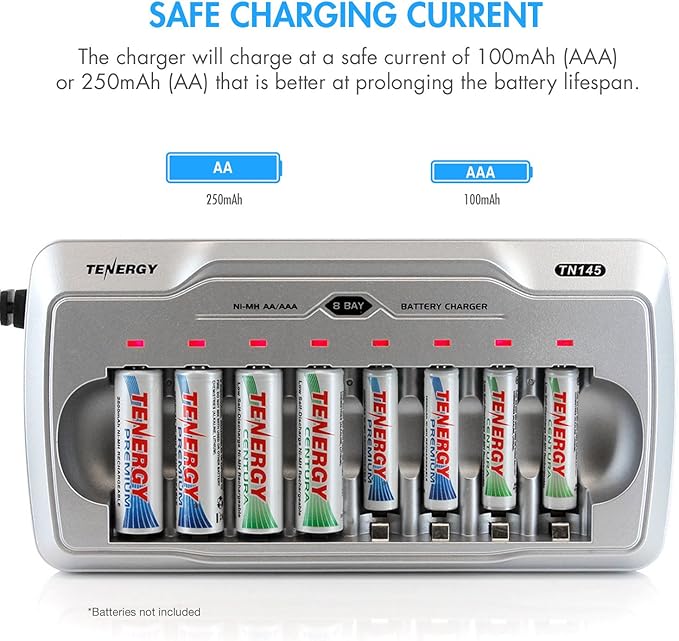 Tenergy TN145 8 Bay Charger and 8 Pack Rechargeable AA Batteries, Independent Charging, UL & CE Certified