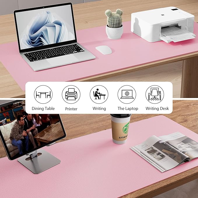 Aothia Leather Desk Pad Protector, Office Desk Mat, Large Mouse Pad, Non-Slip PU Leather Desk Blotter, Laptop Desk Pad, Waterproof Desk Writing Pad for Office and Home (48"x17", Fairy Pink)