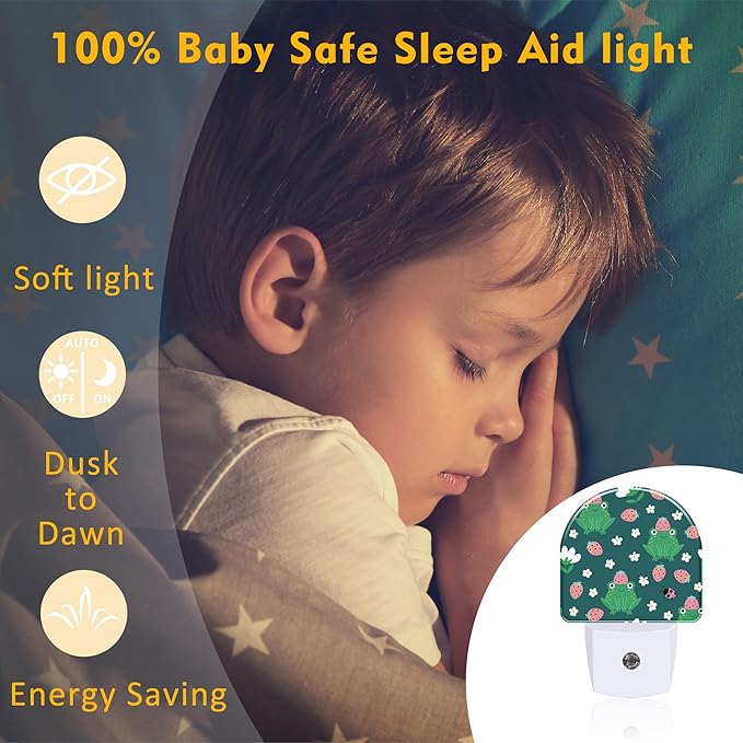 sndheke Strawberry Frogs with Daisies Flowers Night Light Plug into Wall,Cute Childish Frog Dusk to Dawn Night Light Plug in,0.5w Energy Saving NightLight for Kids Boys Girls Home Decor