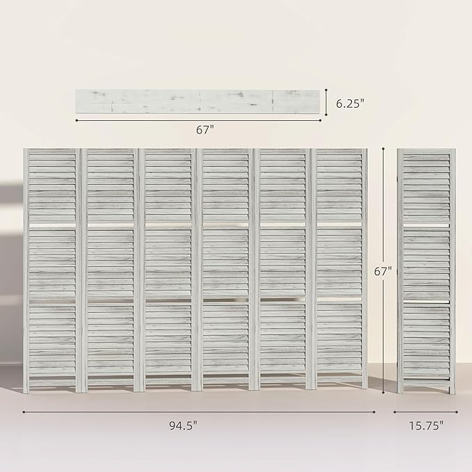 HOMCOM Room Divider, 6 Panel 67" Tall Wood Privacy Screen with 3 Display Shelves, and Folding Storage for Bedroom or Home Office, Distressed White
