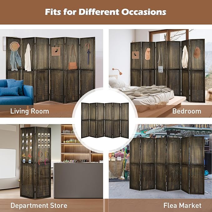 ECOMEX 6 Panel Room Divider, 5.6Ft Pegboard Display Wooden Room Divider Folding Privacy Screen Room Divider Freestanding Peg Board Display for Trade Show Craft Show Home Wall Organizer, Retro Brown
