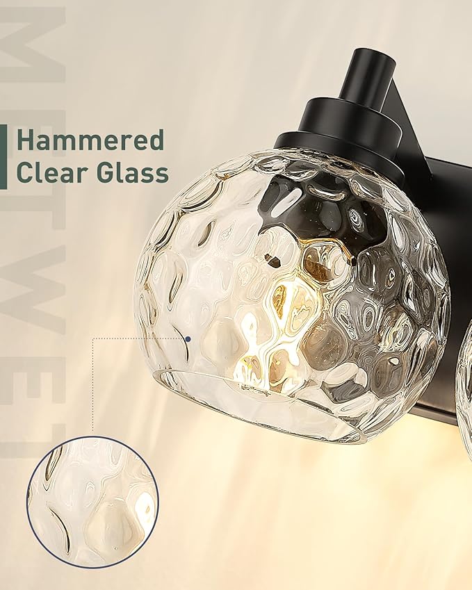 METWET Bathroom Light Fixtures Over Mirror, 3-Light Matte Black Vanity Light with Clear Hammered Glass Globe Shade, Modern Sconces Wall Lighting for Bedroom Hallway, VL200-MB-3