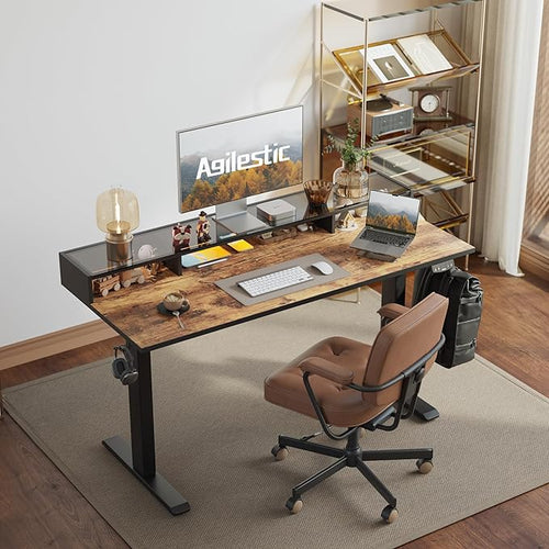 Agilestic Glass Standing Desk with Storage, 48 Inch Electric Adjustable Desk with Glass Shelf, Sit Stand Up Home Office Computer Table, Splice Board, Rustic Brown