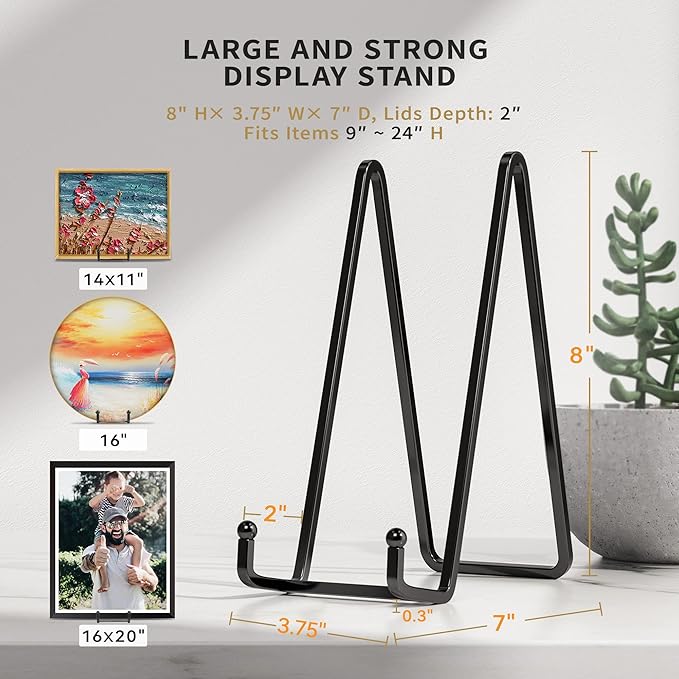 IPAME 8 Inch Large Plate Stands for Display - Metal Square Wire Plate Holder Display Stand + Picture Stand for Book, Platter, Plaque, Photo Easel (2 Pack)