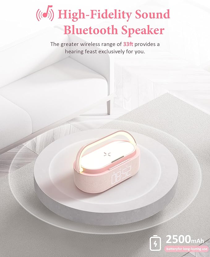 COLSUR Bluetooth Speaker Alarm Clock with Wireless Charger, FM Radio, Adjustable LED Night Light, 6 in 1 Bedroom Portable Speaker 2500mAh, Phone Stand for Bedside, Home, Office, Gift (Pink)