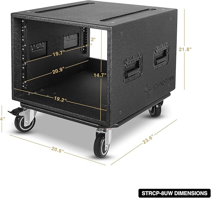 Sound Town 8U PA/DJ Rack/Road Case with 8-Space, Industry-Grade 0.7" (18mm) Plywood with Polyurea Coating, Rain Cover, Casters, 21.7" Rackable Depth - Pro Tour Grade (STRCP-8UW)