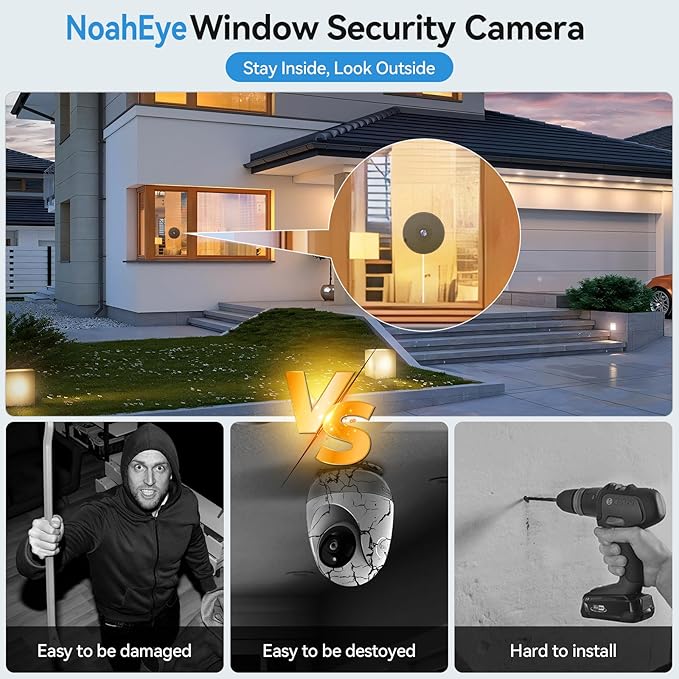 Noaheye Window Camera No-Drill 2K Ultra HD Window Security Camera with 5G/2.4G WiFi, Enhanced Night Vision, AI Human Detection, Easy Glass Mount for Apartment, Condo, and Home Outdoor View