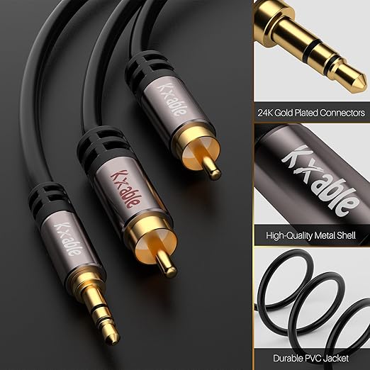 Kxable 3.5mm to RCA Cable 100FT, 2 Male RCA to Aux Stereo Audio Adapter, Hi-Fi Sound Auxiliary Y Splitter Cord, Shielded 1/8 to 2RCA Cable for Headphone, MP3, Tablet, Speaker, HDTV, Phone and More