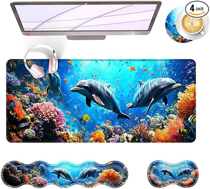 BFUKVOU Large Keyboard Mouse Pad Set, Extended Mouse Pad+Keyboard Wrist Rest Support, Memory Foam Ergonomic Easy Typing, 4Pcs (31.5×11.8 in) Desk Pad Set for Office Home,Underwater Dolphin Scene