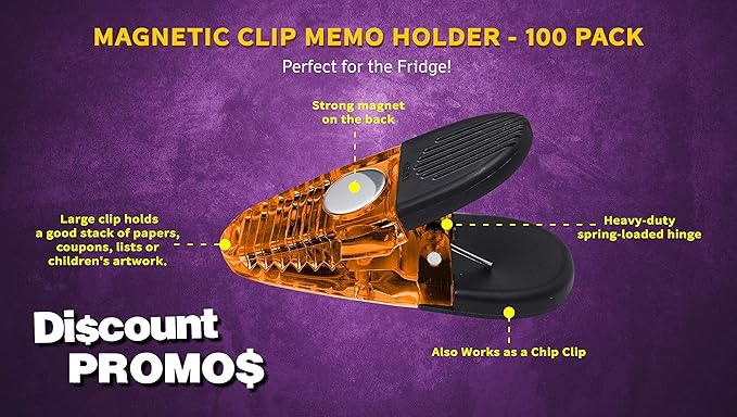 100 Magnetic Memo Holders Set - Customizable Text, Logo - Large Clip, Plastic - TOrange