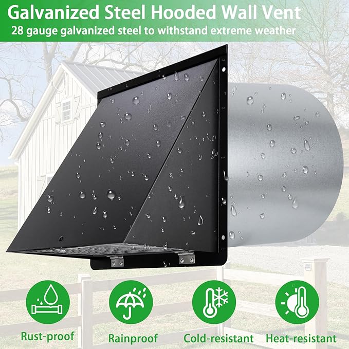 8 inch Hooded Wall Vent with Screen and Damper,Wall Vent Cover Exhaust Vent Outdoor Wall Cap Exterior Air Vent Cover for Kitchen Range Hood HVAC Duct Dryer Ventilation,Galvanized Steel,Black
