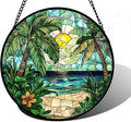 DASTOLL Stained Glass Window Hanging, Green Beach Scenery Suncatcher Diamond Glass Panel Hangings Sun Catchers Decor for Birthday for Women, Men, Wife, Aunt, and Mom 9.8 in