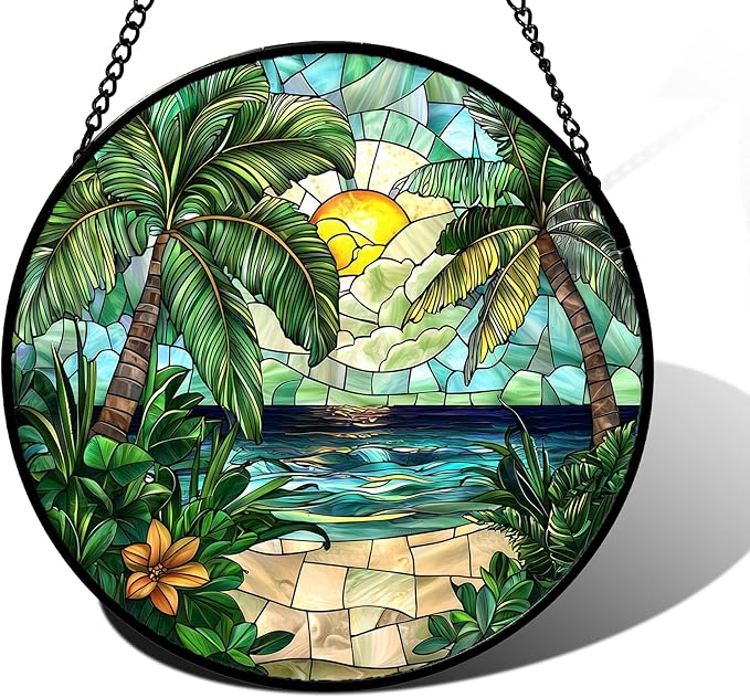 DASTOLL Stained Glass Window Hanging, Green Beach Scenery Suncatcher Diamond Glass Panel Hangings Sun Catchers Decor for Birthday for Women, Men, Wife, Aunt, and Mom 11.8x11.8 in