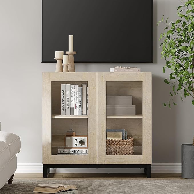 WAMPAT Modern TV Stand with Glass Doors for 32-40 inch TVs, Entertainment Center Console with Adjustable Shelves and Metal Base for Living Room, Bedroom, Light Oak