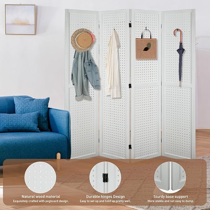 ECOMEX 4 Panel Room Divider, 5.6Ft Pegboard Display Wooden Room Divider Folding Privacy Screen Room Divider Freestanding Peg Board Display for Trade Show Craft Show Home Wall Organizer, Elegant White