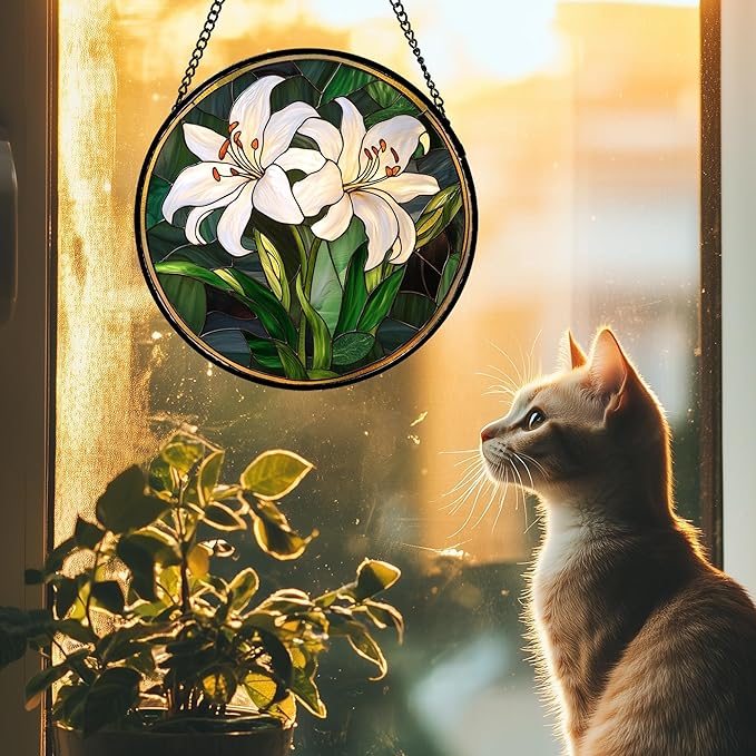 CRISGIF Stained Glass Window Hanging, White Lily Suncatcher for Door Garden Patio Birth Flower Green Plant Sun Catchers Decor Christmas Mother's Day Birthday Gifts for Women Mom Nana Friend 9.8 in