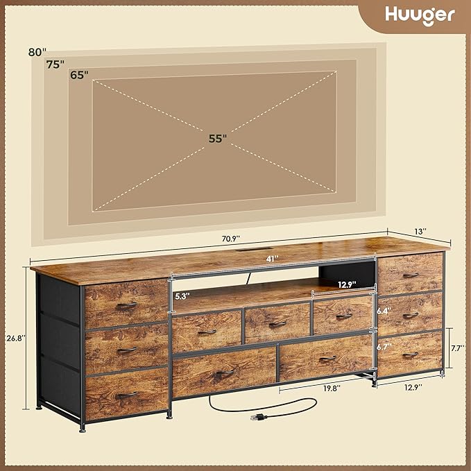 Huuger 70 Inch TV Stand for 75, 80 Inch TV, 11 Drawer Long Dresser with Power Outlets and LED Lights, Entertainment Center with Storage, Rustic Brown Dresser with Printed Surface, 1TS011F