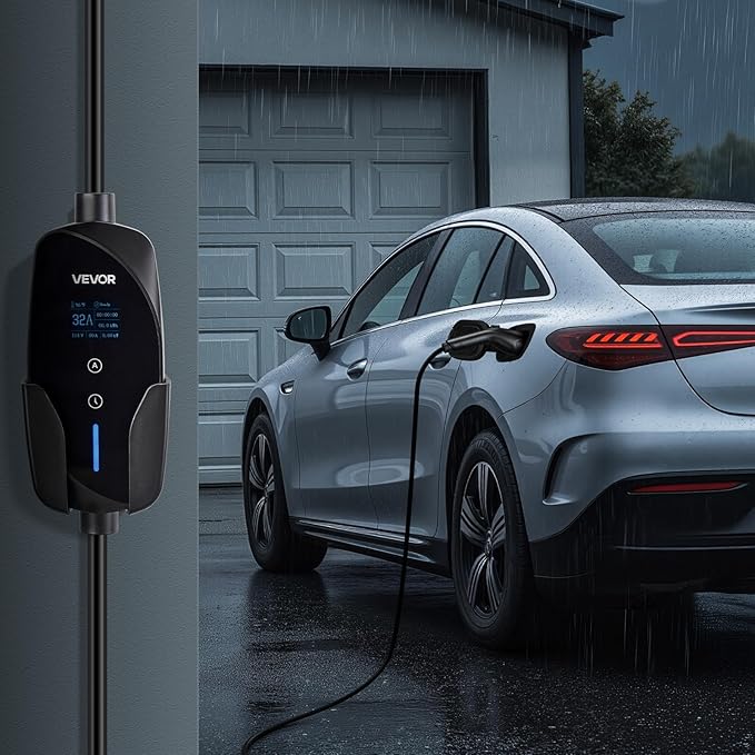 VEVOR Level 2 EV Charger, 32 Amp Adjustable Current, 240V Electric Vehicle Portable Charger with 25 ft Charging Cable, NEMA 14-50P Plug, LCD Display, Plug-in Home Car Charging Station for SAE J1772 EV