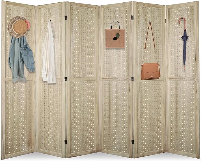 ECOMEX 6 Panel Room Divider, 5.6Ft Pegboard Display Wooden Folding Privacy Screen Freestanding Peg Board for Trade Show Craft Show Home Wall Organizer, Natural Wood
