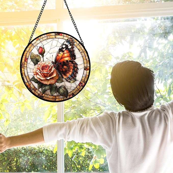DASTOLL Stained Glass Window Hanging, Butterfly Picking Flowers Suncatcher for Doors Home Sun Catchers Decoration and Christmas, Mother's Day Birthday Gifts for Women, Men, and Mom 11.8x11.8 in