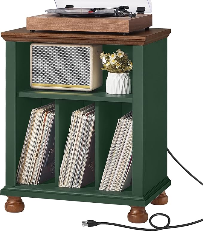 Joaxswe Record Player Stand with Charging Station Up to 200 Albums, 24" Wide Mid-Century Record Player Table with Vinyl Record Storage,Large Wood Turntable Stand Dispaly Cabinet for Living Room,Green