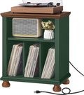 Joaxswe Record Player Stand with Charging Station Up to 200 Albums, 24" Wide Mid-Century Record Player Table with Vinyl Record Storage,Large Wood Turntable Stand Dispaly Cabinet for Living Room,Green