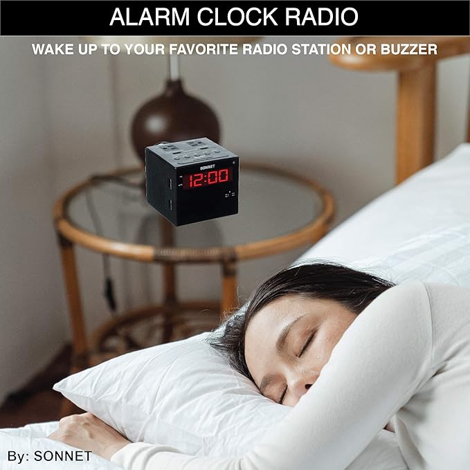 Sonnet Alarm Clock Charging Station, Bluetooth Speaker, AM FM Radio, Dual USB Charging Ports, Dual AC Outlets, Very Loud Alarm Clock for Heavy Sleepers and The Hearing Impaired for Desk, Bedroom