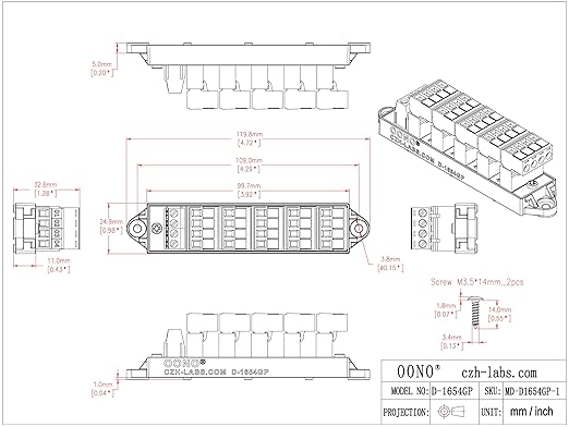 16Amp 300V 4x6 Position Pluggable Terminal Block Distribution Module. OONO D-1654GP