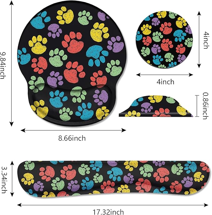 Keyboard Wrist Rest and Mouse Pad Wrist Support Set with Coasters, Non-Slip PU Base Ergonomic Gaming Mousepad for Home Office Working Studying Easy Typing & Pain Relief, Colorful Dog Paw Print