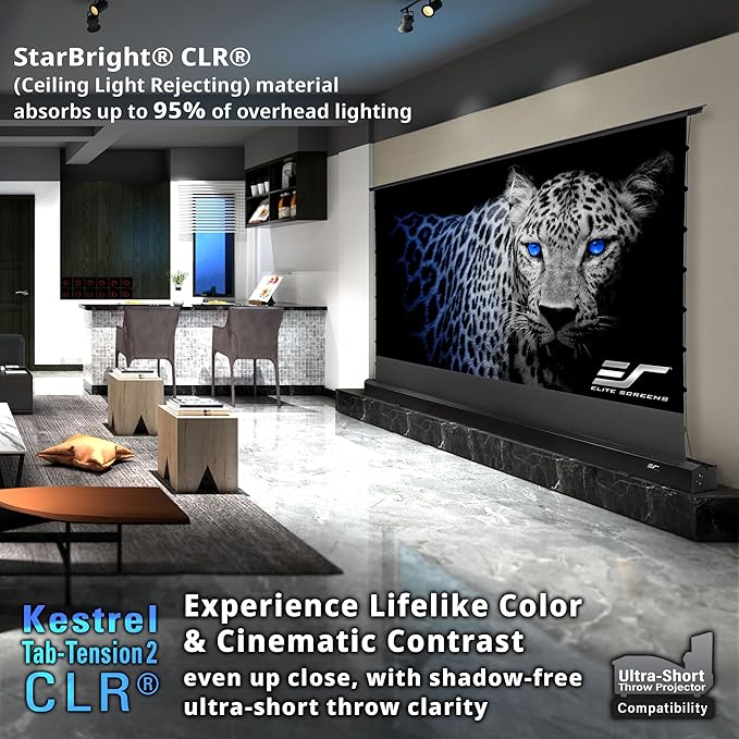 Elite Screens Kestrel Tab-Tension CLR, 101 inch 16:9, Ultra-Short Throw Ceiling Ambient Light Rejecting ALR Electric UST Floor-Rising Projection Motorized Front Projector Screen, FTE101UH3-CLR, Black