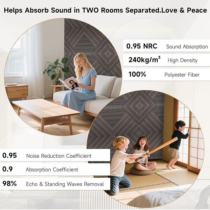 Acoustic Panels for Wall and Ceiling - 6 Pack 2'x2'x0.4",Self-Adhesive 3D UV Printing Decorative Wall Panels with Wood Look,Rustic Walnut