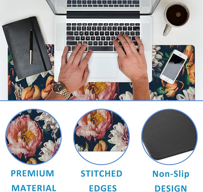 EOBKLAX Vintage Beautiful Flowers Desk Mat,Large Gaming Mouse Pad,Non-Slip Rubber Base Desk Pad with Stitched Edges for Desk Office Home Decor 35.4X15.7 Inch