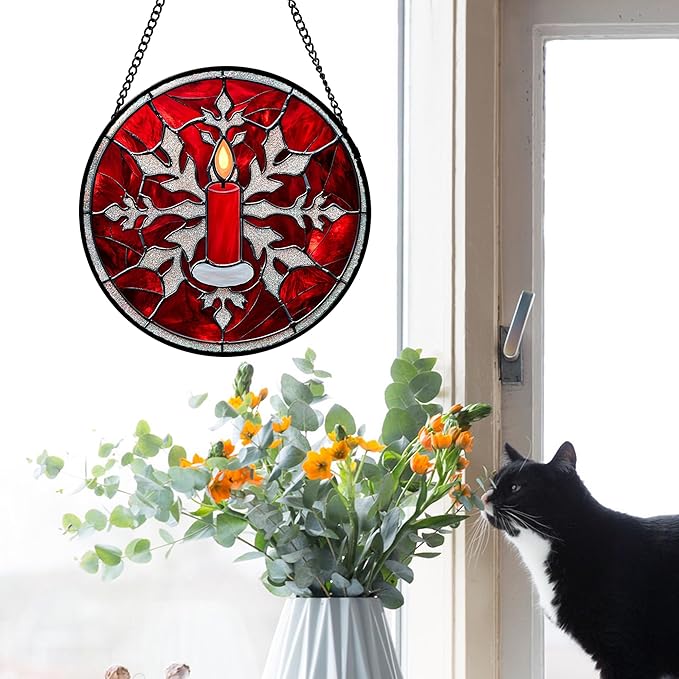 DASTOLL Stained Glass Window Hanging 4 Pcs Set Red Christmas Decorations Theme Large 11.8" - Suncatcher Door Garden Sun Catcher Decor Birthday for Mom Woman Nana Men Friend Wife