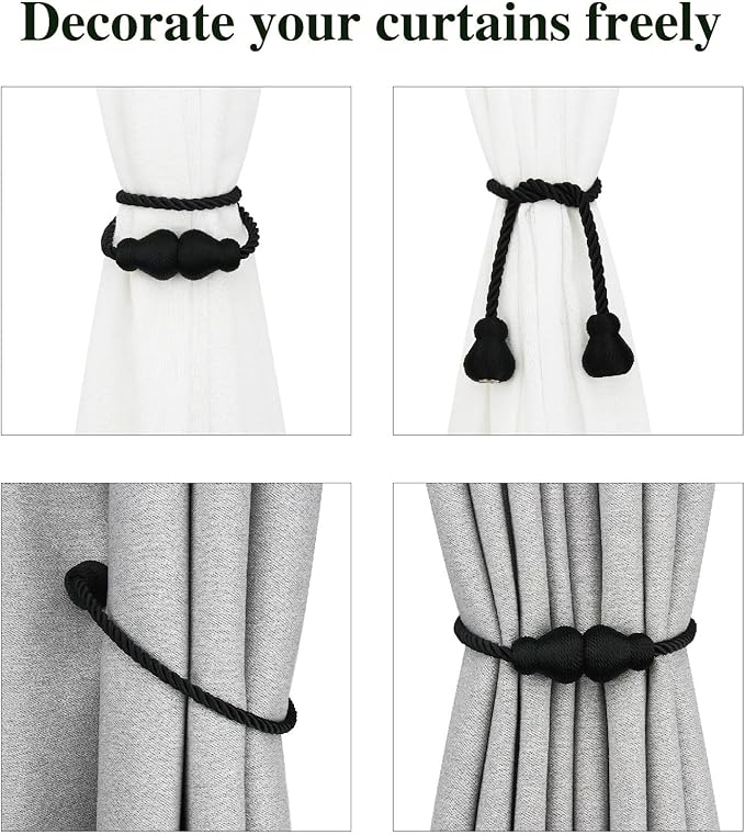 Nieffeiy Magnetic Curtain Tiebacks Outdoor Curtain Tie Backs Rope Decorative Magnetic Curtain Holders for Drapes Window Treatment Holdbacks, Black 6Pack