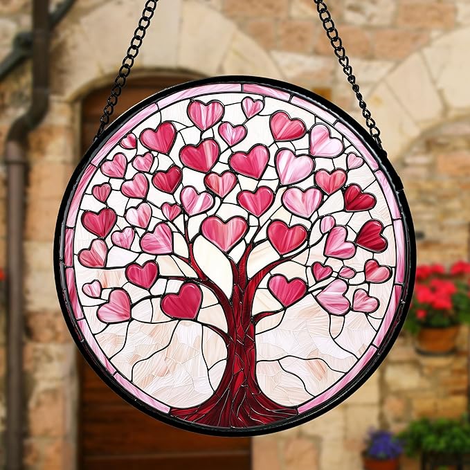 DASTOLL Stained Glass Window Hanging, Pink Love Heart Tree Suncatcher Hangings Beige Sun Catchers Decor for Birthday Holiday for Women, Men, Wife, Aunt, Mom 7.8 in