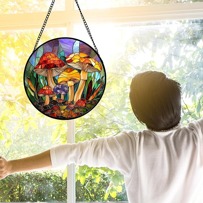 DASTOLL Stained Glass Window Hanging, Jungle Mushrooms Sun Catchers Diamond Glass Panel Hangings Plant Suncatcher Decor for Birthday for Women, Men, Wife, Aunt, and Mom 11.8x11.8 in