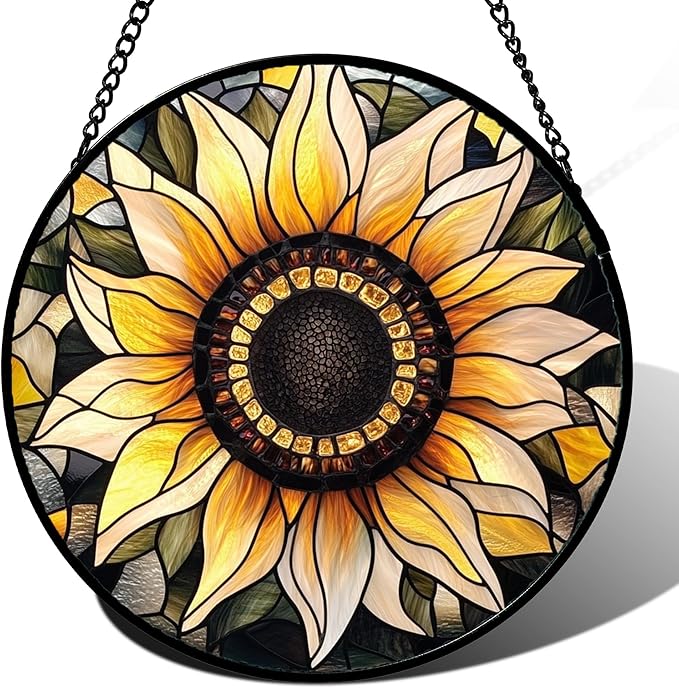 CRISGIF Stained Glass Window Hanging - Sunflower Suncatcher for Door Garden Patio Retro Flower Sun Catchers Decor Christmas Mother's Day Birthday Gifts for Women Mom Nana Friend Wife 9.8 in