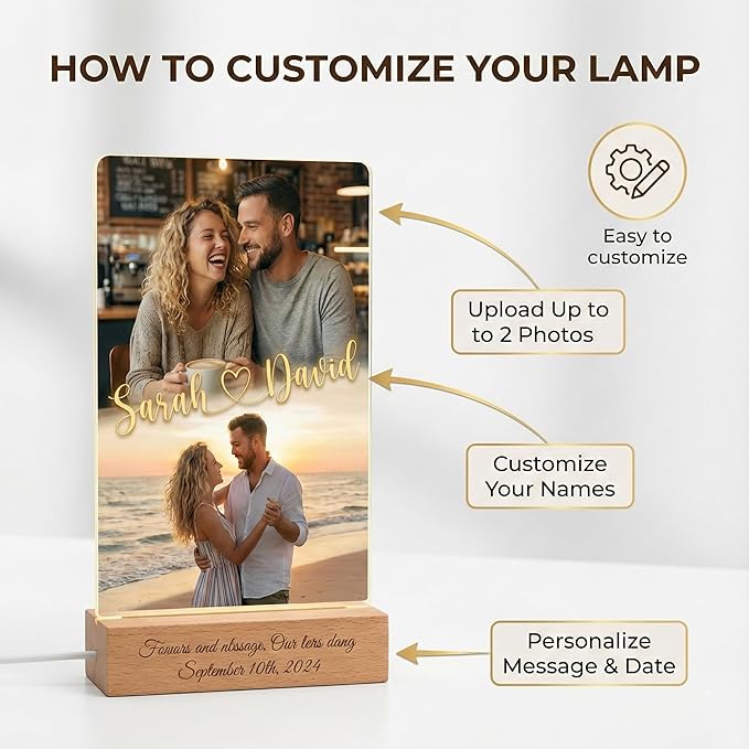 MamaEra Valentine’s Day Gift for Him - Personalized Photo Collage Night Light for Couples - Custom Acrylic LED Lamp with Names & Engraved Wooden Base - Romantic Anniversary, Wedding