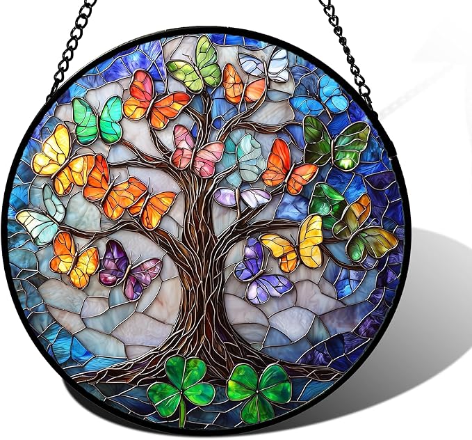 DASTOLL Stained Glass Window Hanging, Butterfly Tree Clover Sun Catchers Glass Panel Blue Suncatcher Decor for Birthday for Women, Men, Wife, Aunt, and Mom 6.3 in
