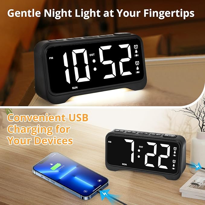 Loud Vibrating Alarm Clock for Heavy Sleepers with Bed Shaker Under Pillow, Hearing Impaired/Deaf/Teens, Dual Alarms, Adjustable Date, Nightlight & Battery Backup, Large LED Digital Display, 12/24H