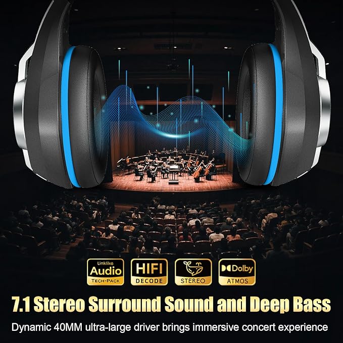 Ordtop 2.4GHz Wireless Gaming Headsets for PS5/PS4/Switch, 2026 RGB Noise Cancelling Over-Ear Headphones with 7.1 Surround Sound, 40mm Drivers, 276g Ultraligero, Memory Foam, 45H Gaming Headphones