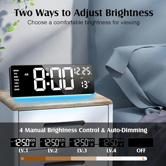Xflyee 16.5" Digital Clock Large Display with Remote Control, 6-Color Night Light Digital Wall Clock with Dual Alarms, Temperature, Auto DST Large Clock for Living Room, Bedroom, Desk, Mounted, Gift